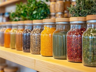 Colorful spice rack jars arranged symmetrically, soft lighting