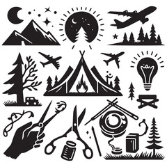 create camping elements Silhouette with white background