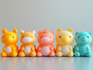 Cute animal-shaped baby toys placed in a row, soft rubber textures