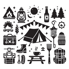 create camping elements Silhouette with white background