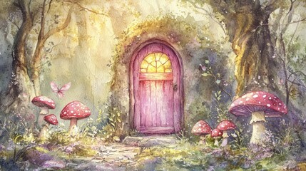 an image of the entrance to a forest with mushrooms and a door leading to a, magic doorway, magical portal gateway