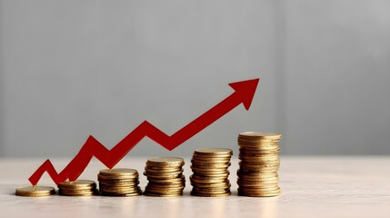 stacks of coins with a red upward arrow, symbolizing financial growth or an increase in value