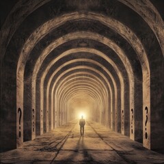 Man walks tunnel of light