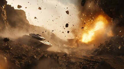 a close up of a tank with a gun on a desert field, futuristic battle tank, futuristic tank is on fire