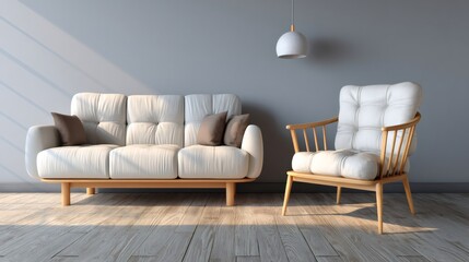 Modern living room interior with white sofa, armchair, and wooden floor