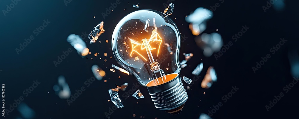 Poster Explosion of lightbulb showing filament and invention concept. A broken light bulb symbolizes shattered ideas and innovation.