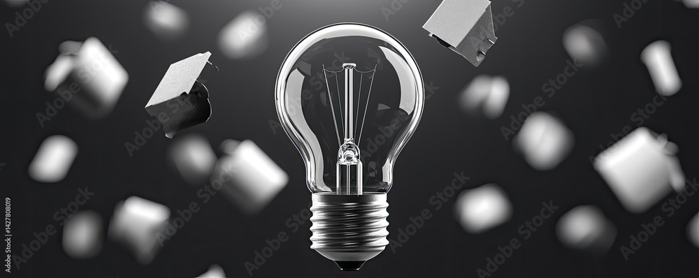 Poster Explosion of lightbulb in electric high-speed burst concept. Innovative light bulb amidst floating geometric shapes.