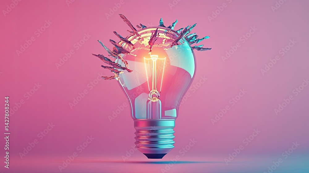 Poster explosion of lightbulb with creative invention impact concept. a creatively designed light bulb with