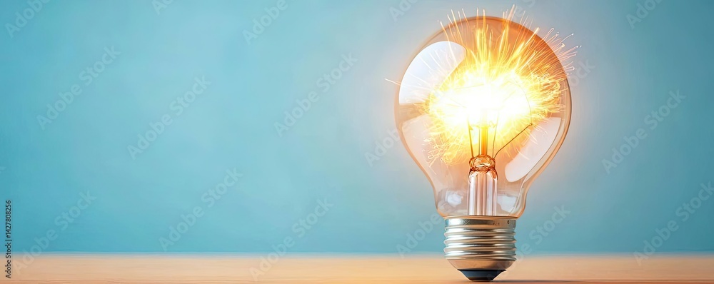 Poster Explosion of lightbulb showing filament and invention concept. Illuminated light bulb symbolizing innovation and ideas.