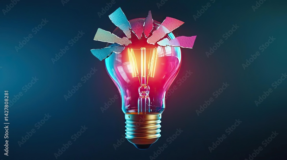 Poster explosion of lightbulb with creative invention impact concept. a broken light bulb emitting colorful
