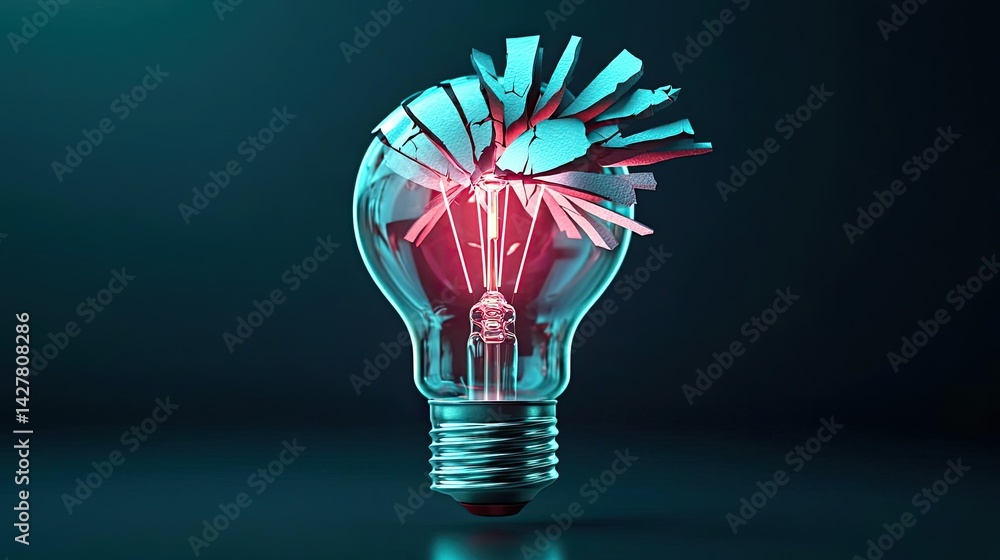 Poster explosion of lightbulb with creative invention impact concept. a shattered light bulb glowing red, s