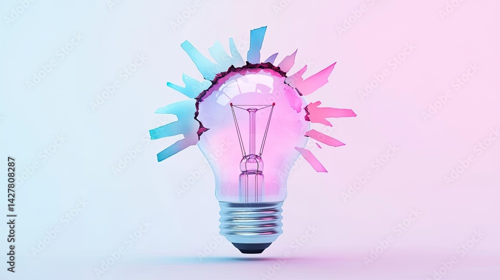 Poster explosion of lightbulb with creative invention impact concept. a creative light bulb design with col