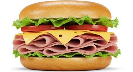 Close up of a sandwich with ham cheese and fresh vegetables