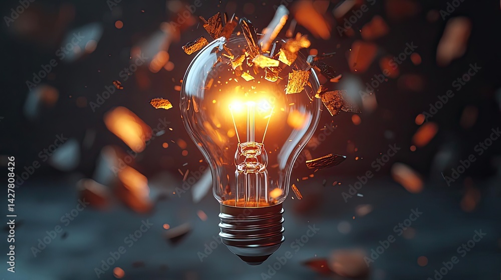 Poster Explosion of lightbulb showing filament and invention concept. A glowing light bulb shattering into pieces, symbolizing innovation.