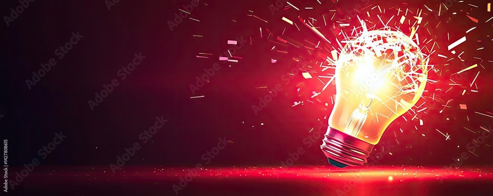 Poster Explosion of lightbulb with creative invention impact concept. Shattered light bulb creating sparks against a dark backdrop.