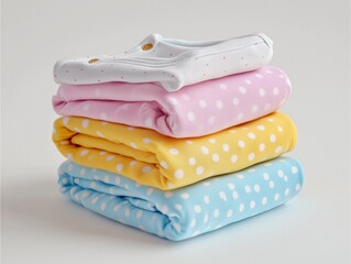 Folded cotton baby clothes on a white seamless background, photorealistic