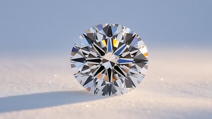 Close up of a round cut diamond with facets on a soft gradient surface