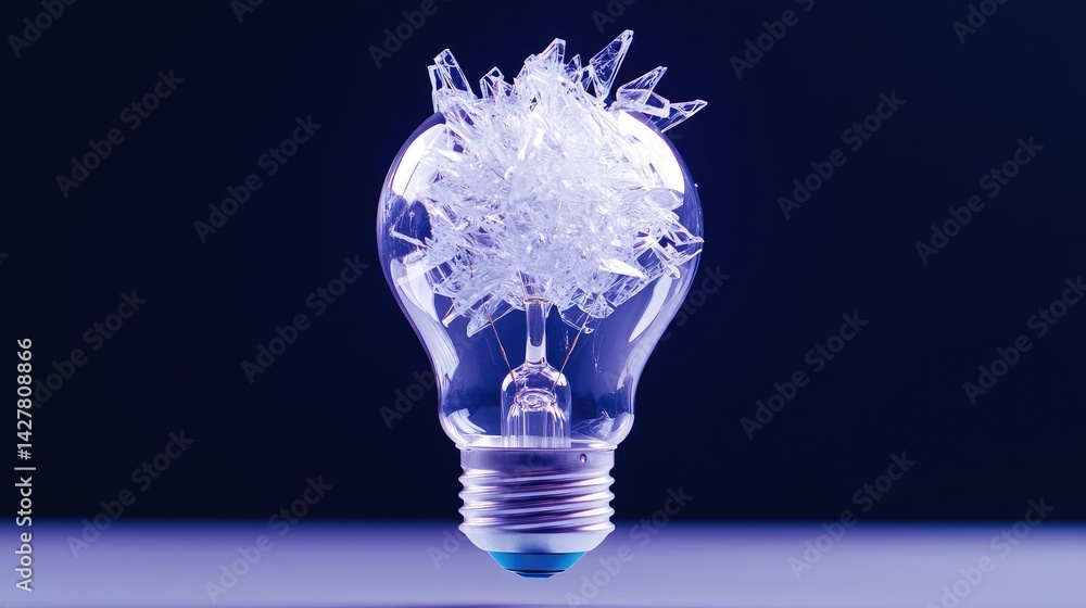 Aufkleber Explosion of lightbulb with creative invention impact concept. A light bulb filled with sparkling crystals on a blue background.