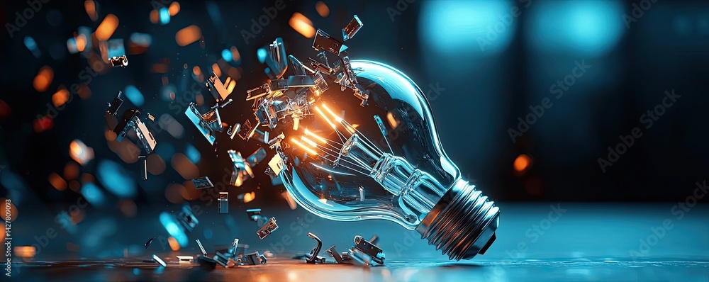 Poster explosion of lightbulb with creative invention impact concept. a shattered light bulb with glowing f