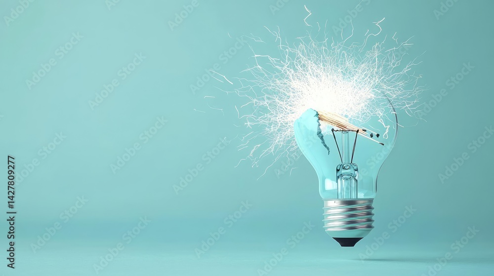 Poster explosion of lightbulb in electric high-speed burst concept. a glowing light bulb emitting sparks ag