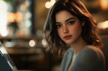 Fototapeta premium An elegant young woman with sleek dark brown hair and a cute, narrow face