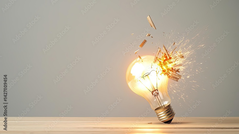 Poster explosion of lightbulb in electric high-speed burst concept. an exploding light bulb symbolizes inno