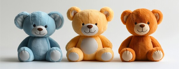 Plush toys sitting upright, soft fabric detail, clean white background
