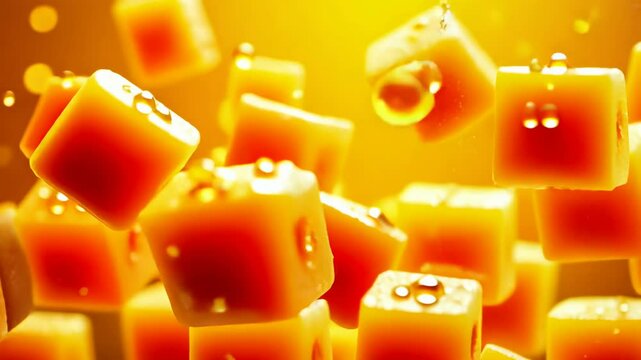 Rock Candy, Sugar Crystals, Water Solubility. Sweet Treats. Granules dissolve in warm liquid. Crystal growth under microscope. Sugar particles enhance flavor perception.