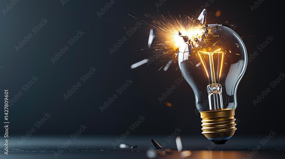 Poster explosion of lightbulb in electric high-speed burst concept. a shattered light bulb emitting sparks 