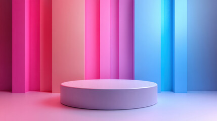 Minimalist circular white platform with vibrant pink, purple, and blue vertical panels in a gradient backdrop, perfect for modern product display photography.
