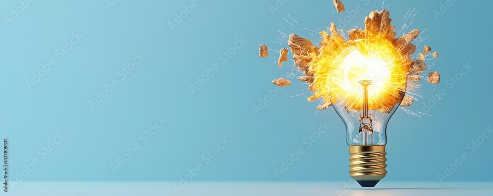 Poster explosion of lightbulb in electric high-speed burst concept. a bright light bulb bursting with energ