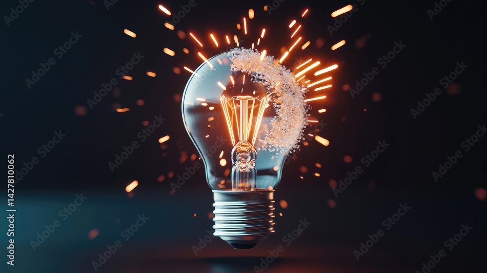Poster explosion of lightbulb in electric high-speed burst concept. electric light bulb glowing with sparks