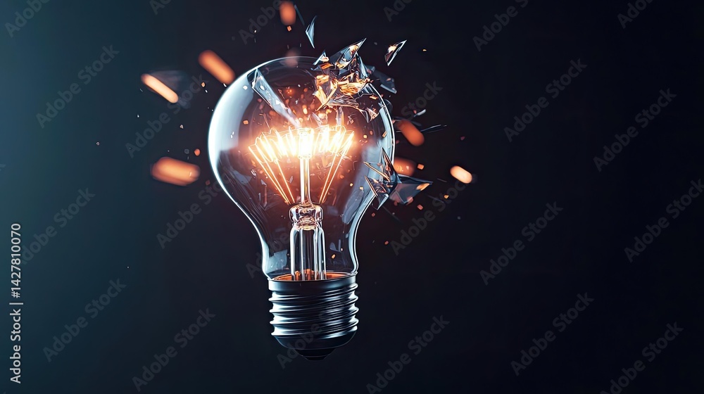 Poster explosion of lightbulb in electric high-speed burst concept. a shattered light bulb with sparks symb
