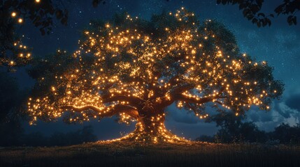 an image of a tree lit up at night with stars in the sky above it