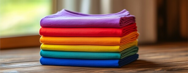Stack of colorful children’s T-shirts folded neatly, soft lighting 