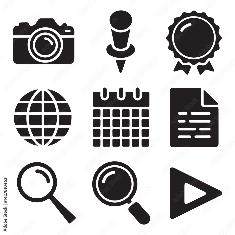 Poster essential ui vector silhouette icons - web and app elements, web and app ui icons set – camera, loca