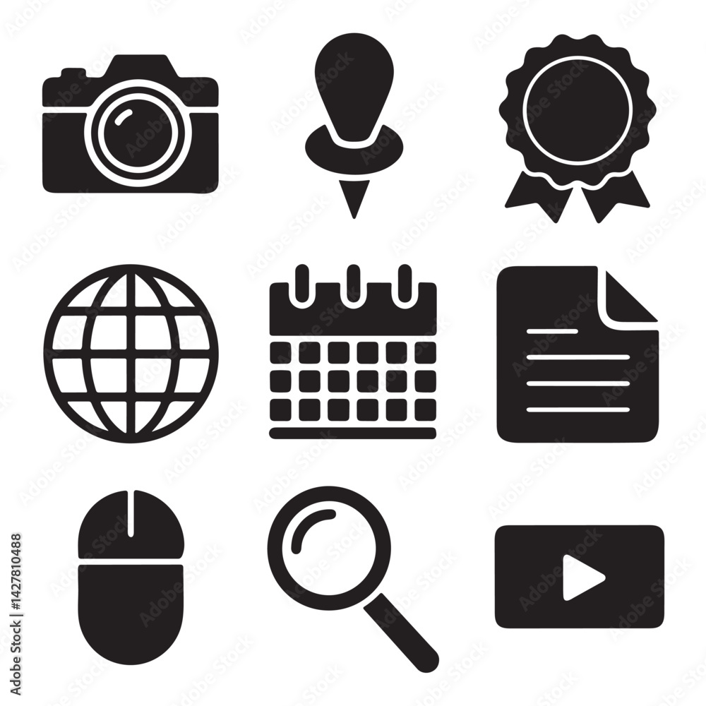 Aufkleber essential ui vector silhouette icons - web and app elements, web and app ui icons set – camera, loca