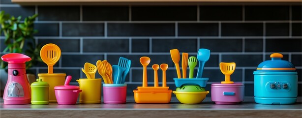 Toy kitchen set with mini utensils, vibrant colors