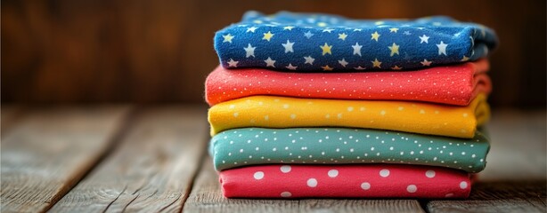 Stack of colorful children’s T-shirts folded neatly, soft lighting