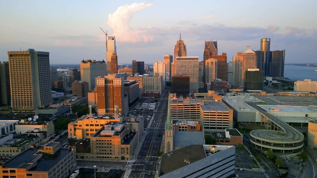 Aerial view of Detroit downtown skyline under evening sunlight