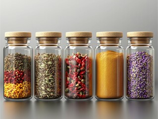 Transparent glass jars with colorful spices, vivid contrast