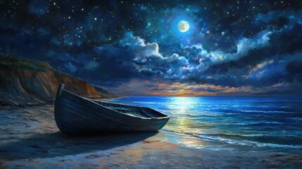 A serene night scene depicting a wooden rowboat resting on the shore