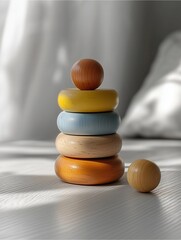 Wooden educational toys on a white floor, pastel tones, realistic wood grain