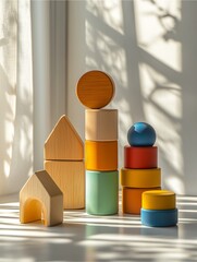 Wooden educational toys on a white floor, pastel tones, realistic wood grain