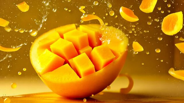 Mango, tropical fruit, juicy freshness. Summer delight. Mangoes splash when sliced cleanly. Fruit serves nutritional benefits. Sweet essence enhances daily meals.