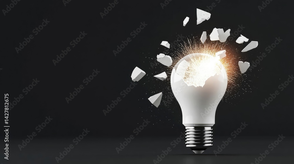 Poster explosion of lightbulb with creative invention impact concept. a shattered light bulb with sparks ag
