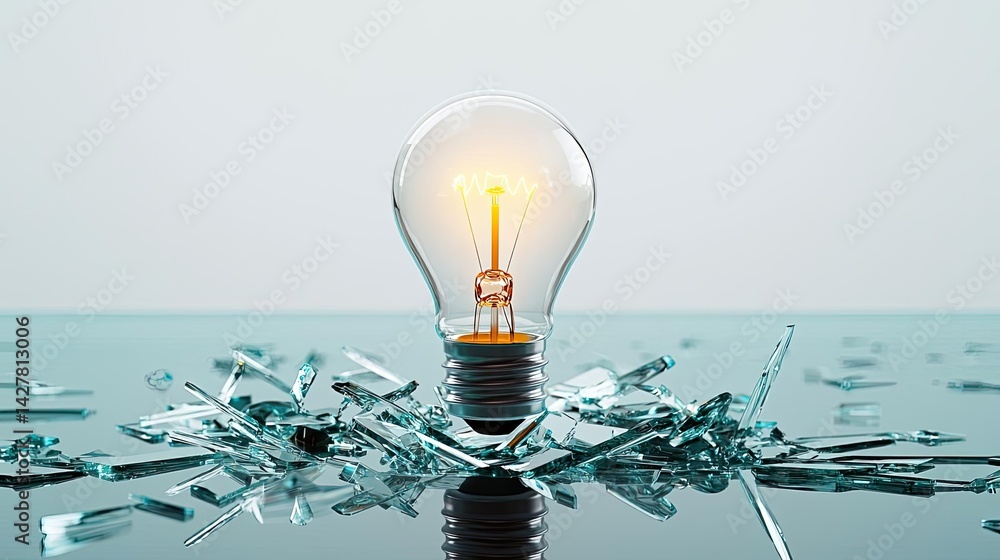Poster explosion of lightbulb showing filament and invention concept. a glowing light bulb amidst shattered