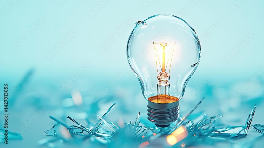Aufkleber Explosion of lightbulb showing filament and invention concept. Illuminated light bulb on reflective surface with soft blue background.