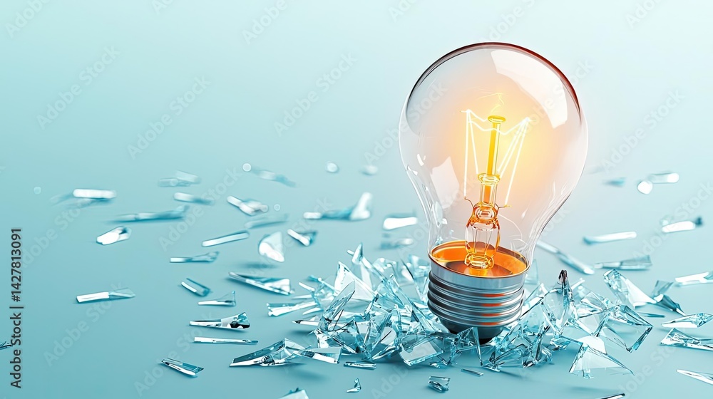 Aufkleber explosion of lightbulb showing filament and invention concept. bright light bulb surrounded by broke