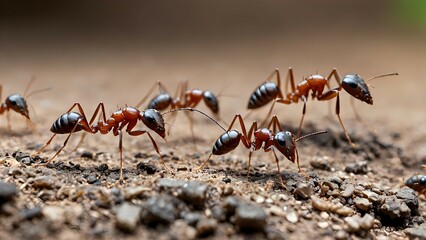 Close-Up Macro of Ants Walking on Rough Soil Surface
